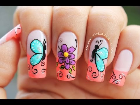Decoracion de uñas mariposas y flores