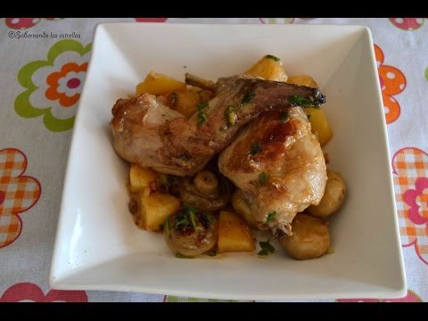 Conejo guisado al vino blanco y champiñones